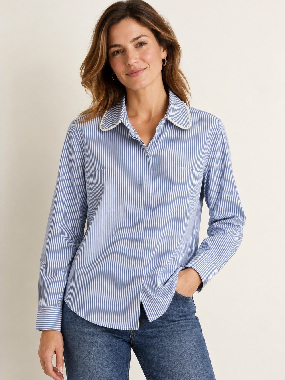 J.Crew Blue White Striped Pearl Collar Button Down Shirt Large NWOT